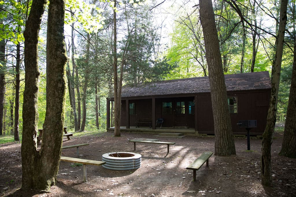 Fire ring and benches outside a cabin at Long Lake